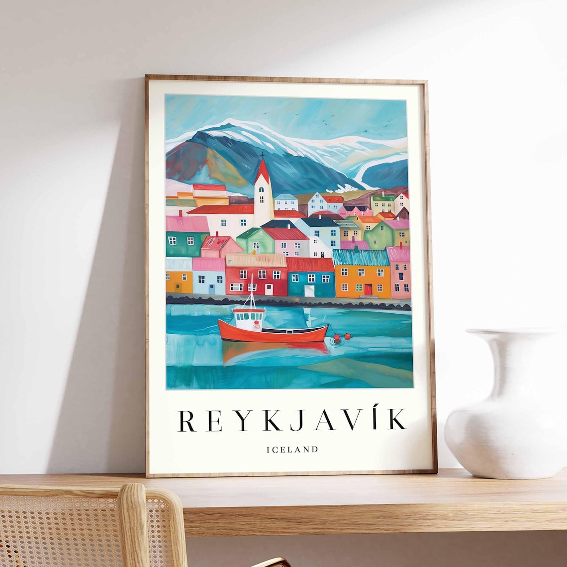 Reykjavik Iceland Colorful Harbor Town Watercolor Travel Art Poster