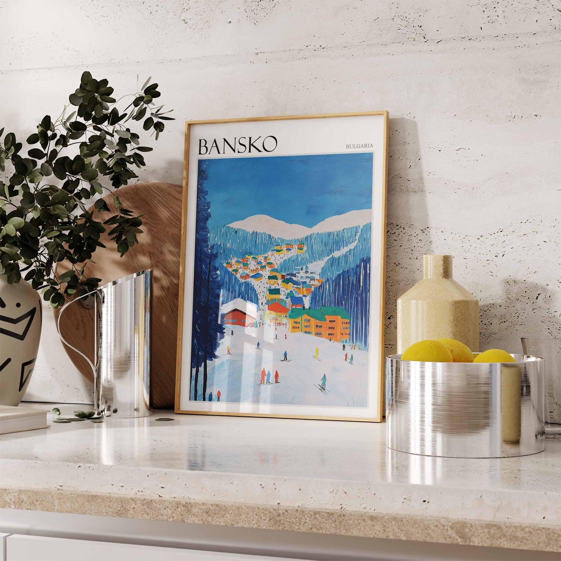 Bansko Bulgaria Alpine Ski Village Slopes Skiers Vintage Style Poster - Image 2