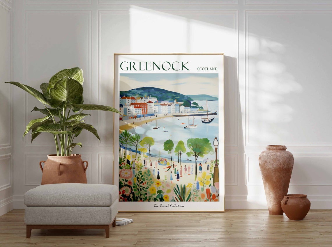 Greenock Scotland Blooming Garden Bay White Cottages Art Poster - Image 3