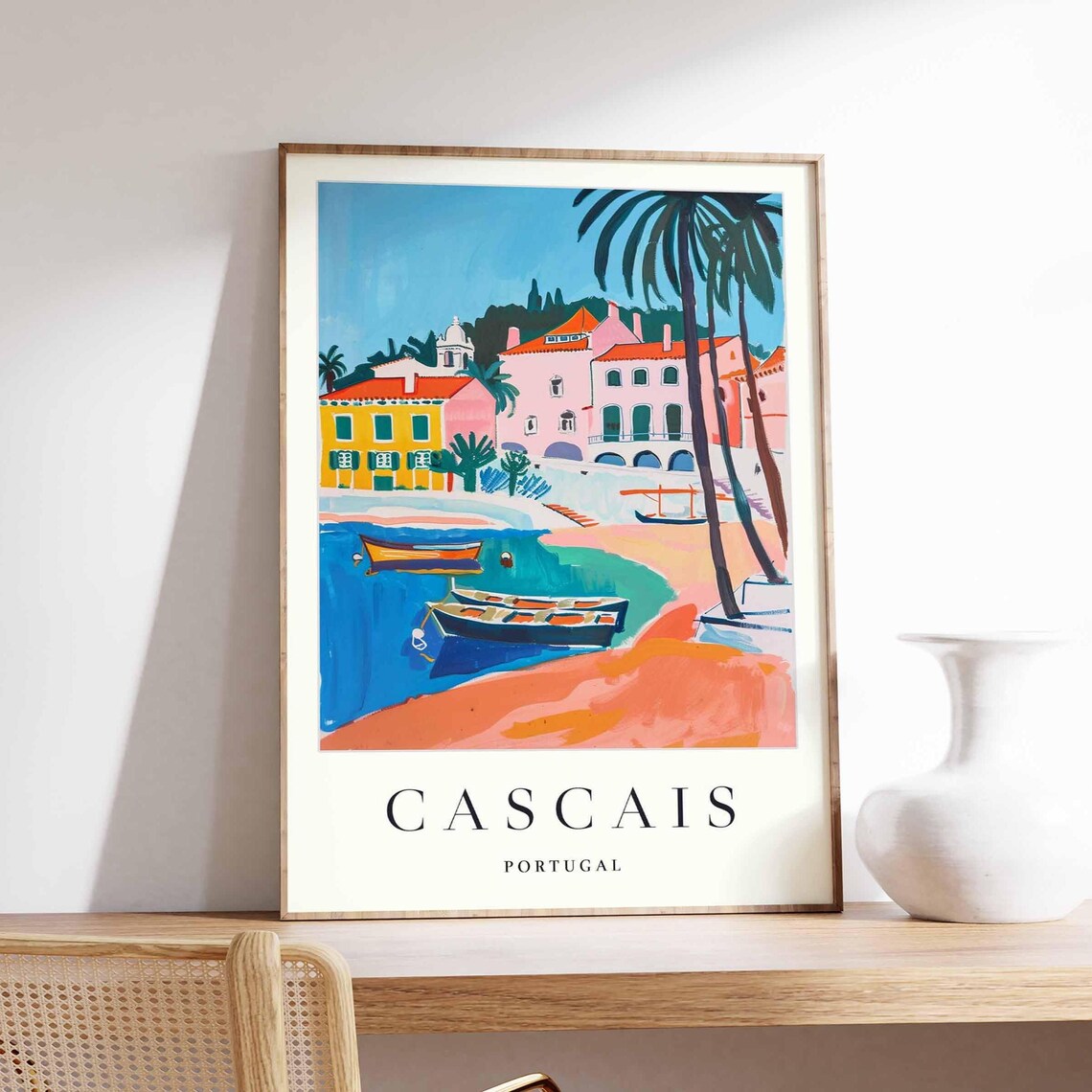 Cascais Portugal Boats Pastel Beach Houses Palm Coast Poster