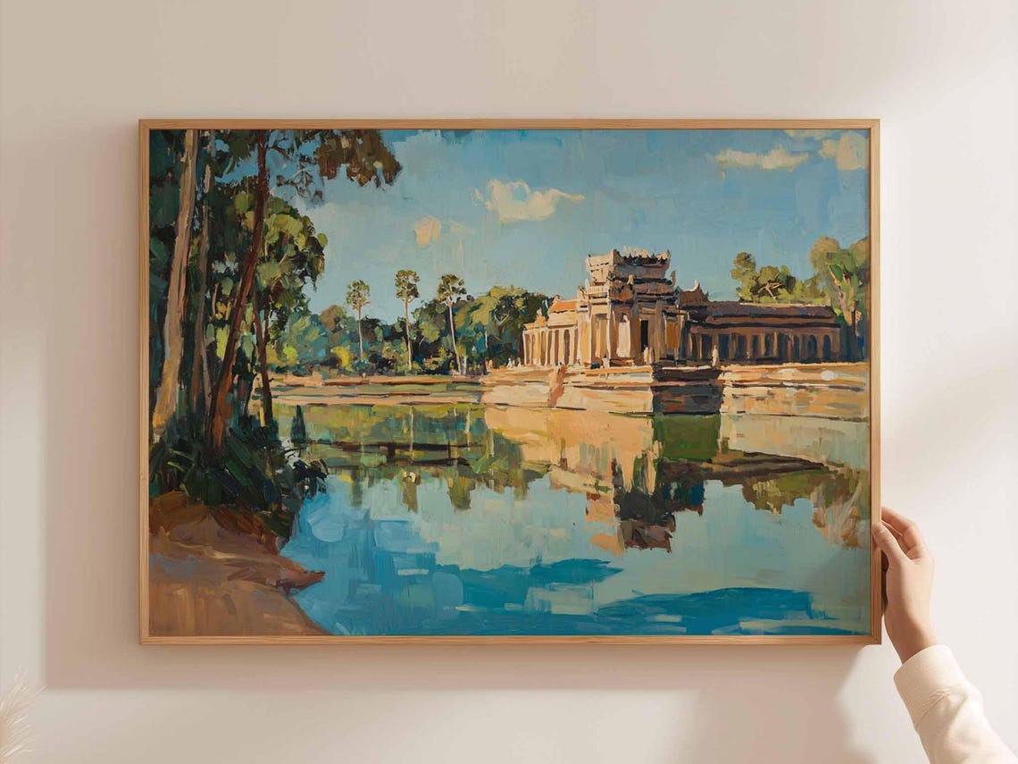 Cambodia Angkor Temple Reflected Water Jungle Oil Painting Poster