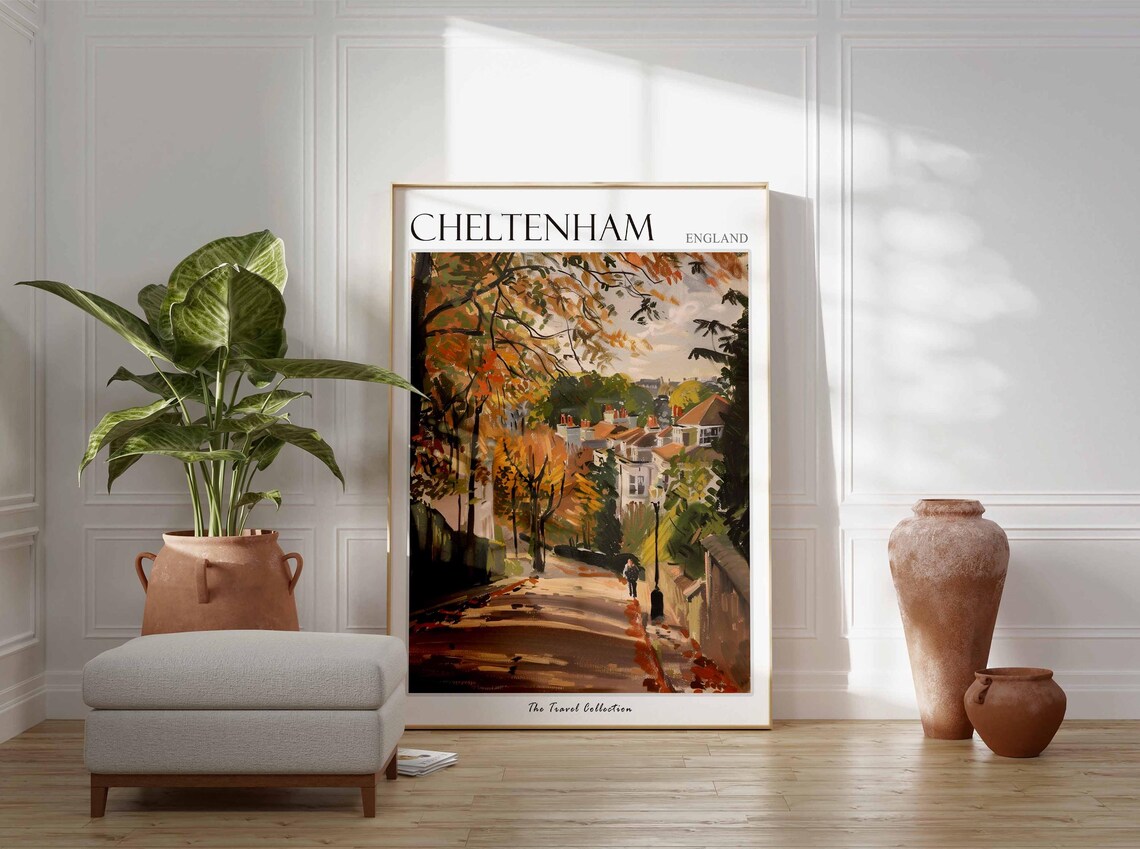 Cheltenham England Autumn Park Avenue Golden Trees Painting Poster - Image 2