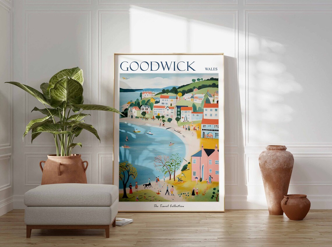 Goodwick Wales Folk Art Hillside Town Bay Boats Family Poster - Image 3