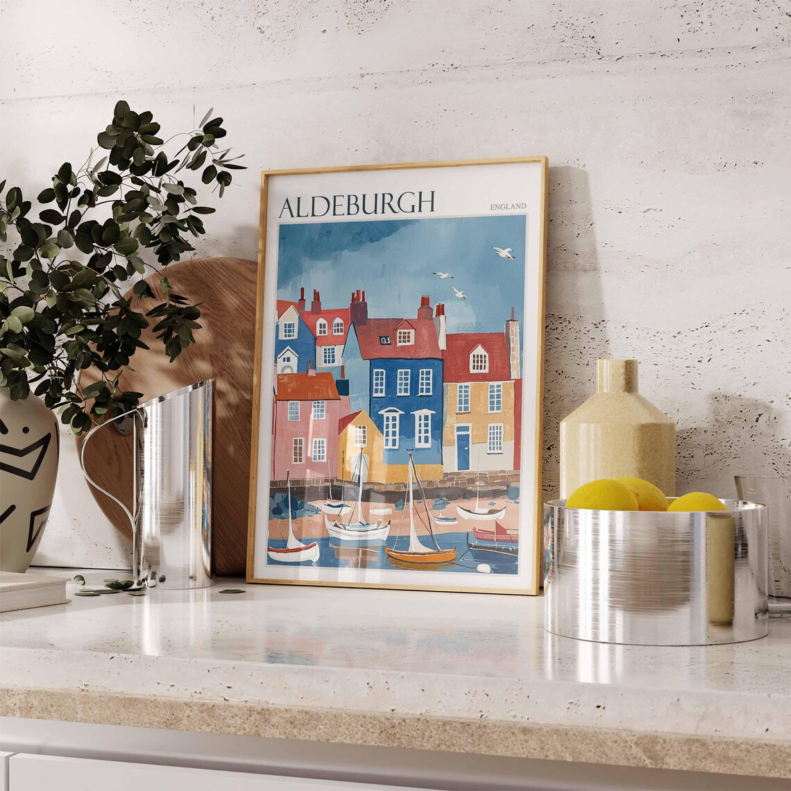 Aldeburgh Harbour Sailboats Colourful Houses Naive England Coast Poster - Image 2