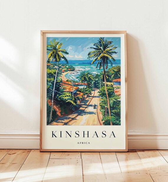 Kinshasa Africa Travel Poster Tropical Palm Road Beach Ocean Breeze Escape