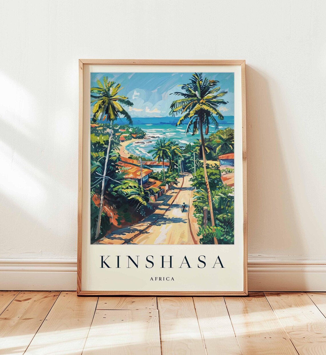 Kinshasa Africa Travel Poster Tropical Palm Road Beach Ocean Breeze Escape