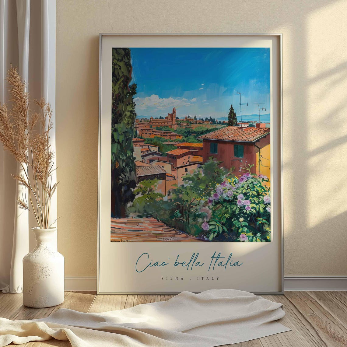 Siena Italy Impressionist Rooftops Purple Blossom Spring Travel Poster - Image 2