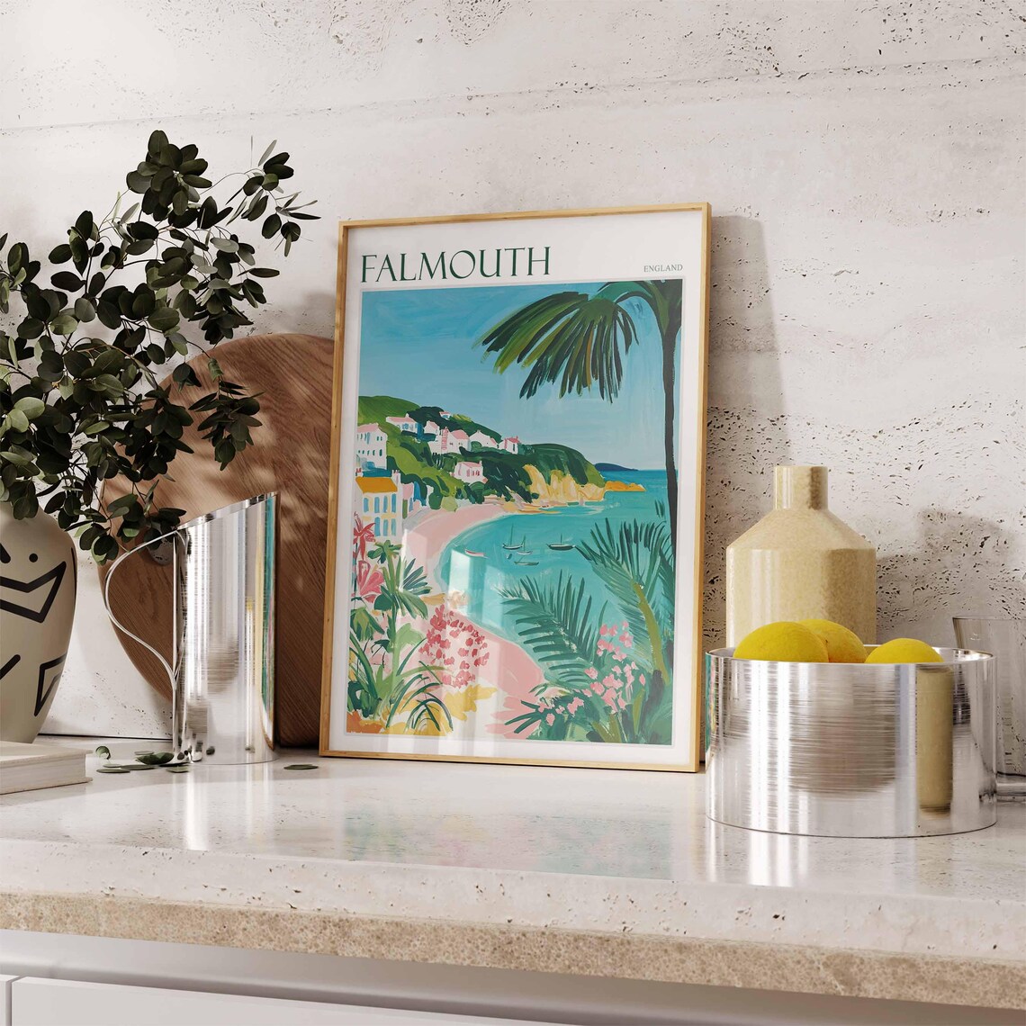 Falmouth England Tropical Palm Cove Turquoise Water Illustration Poster - Image 2