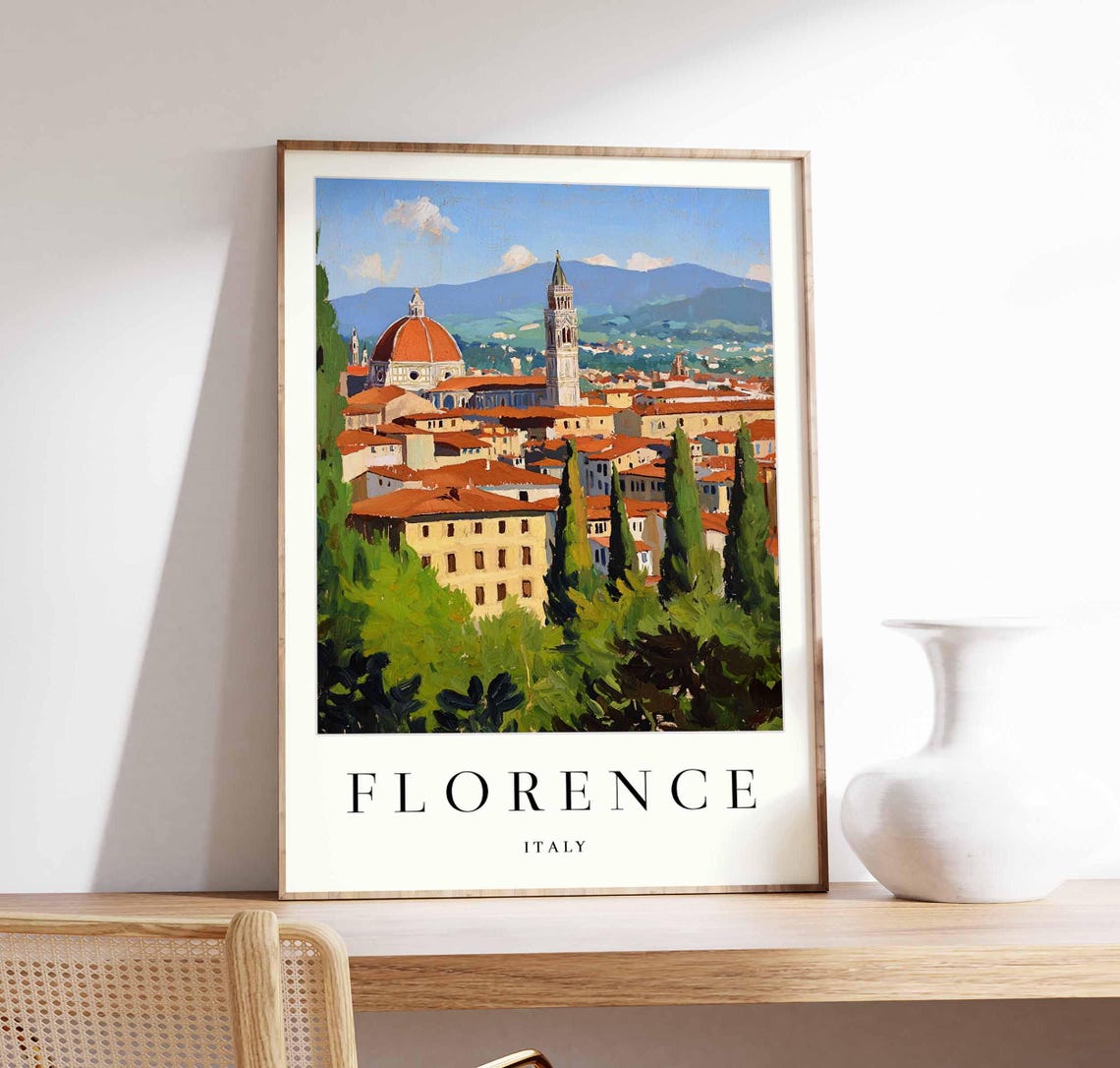 Florence Italy Duomo And Campanile Among Cypress Trees Poster