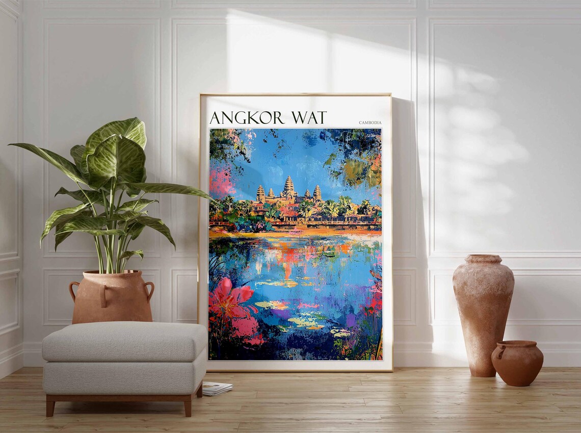 Angkor Wat Cambodia Lotus Flowers Abstract Painting Travel Poster - Image 2