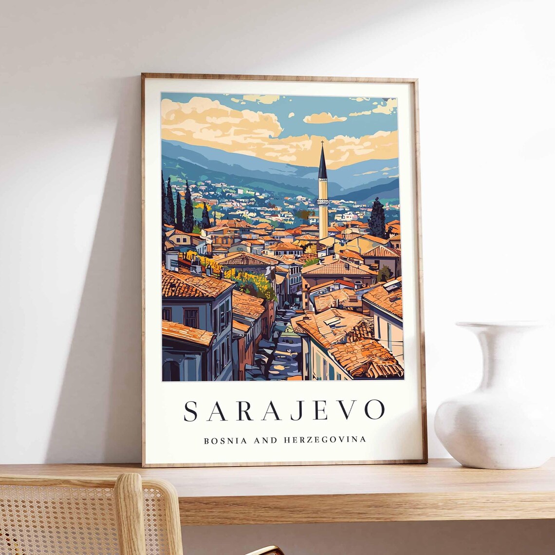 Sarajevo Bosnia Old Town Rooftops Minaret Vintage Travel Poster Art