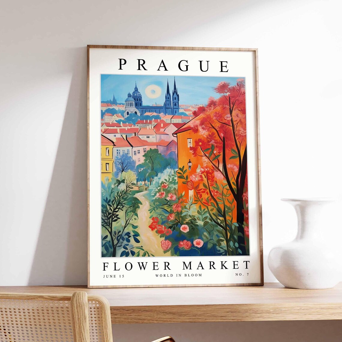 Prague Autumn Street Red Tree Castle Spire Floral Travel Poster
