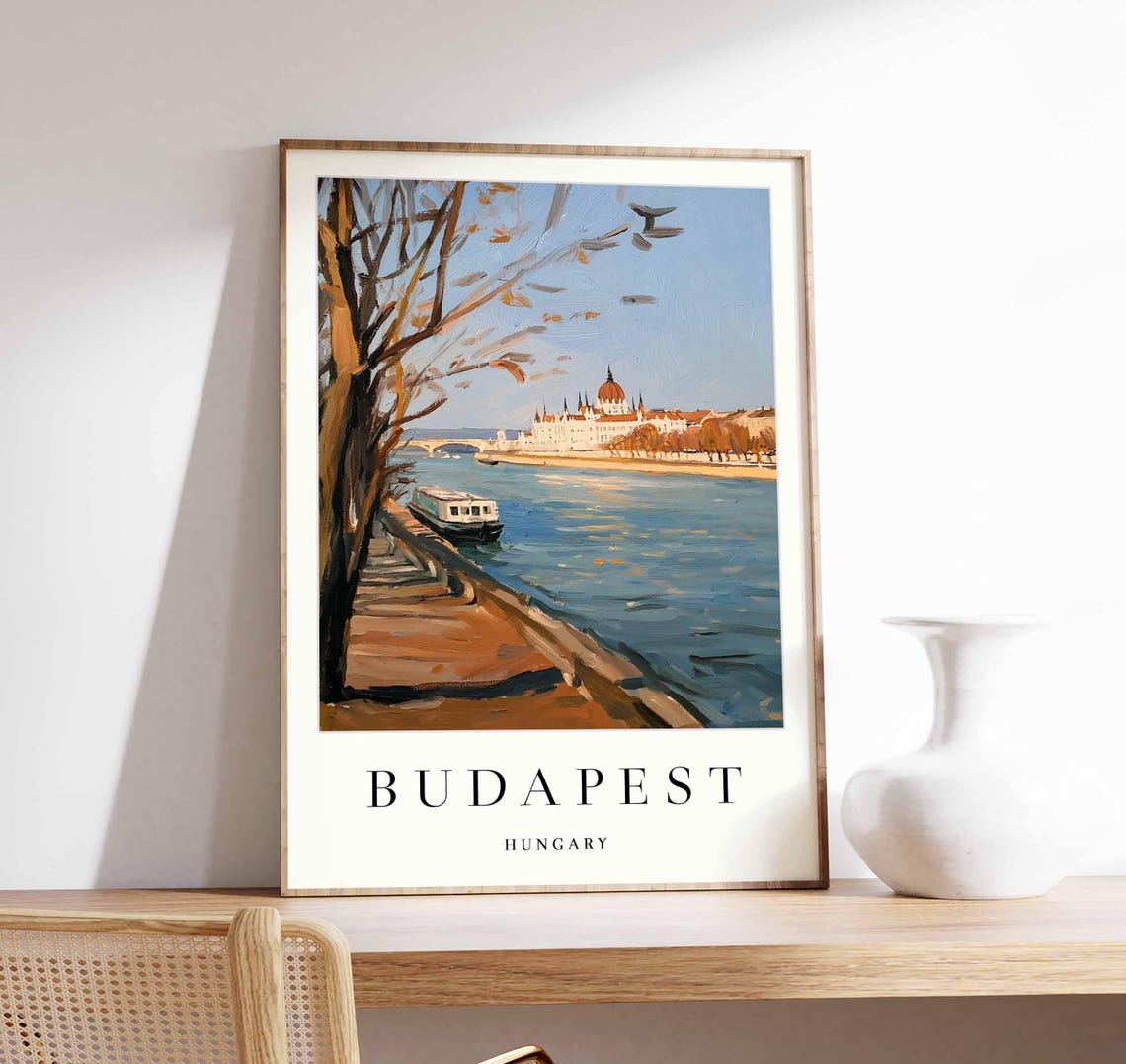 Budapest Danube Promenade Boat Parliament Distance Painterly Poster
