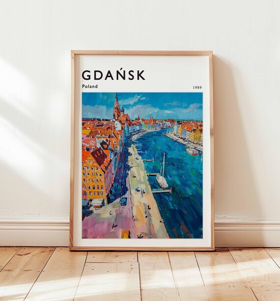 Gdansk Poland Old Town Quay Church Tower River 1989 Travel Poster