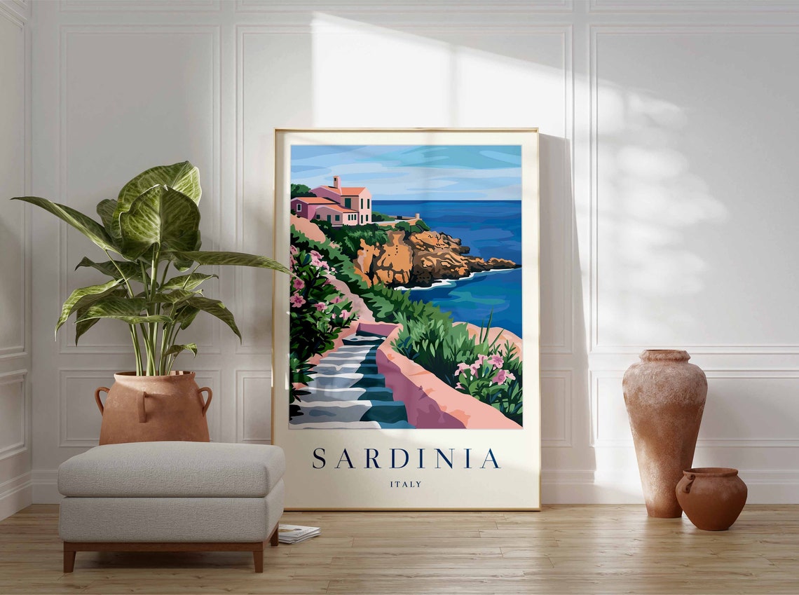 Sardinia Italy Cliffside Coastal House Vintage Travel Poster - Image 3