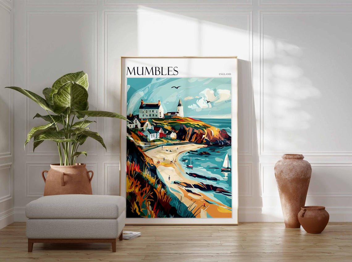 Mumbles Vibrant Colorful Coastal Lighthouse Red Cliffs Beach Poster - Image 3
