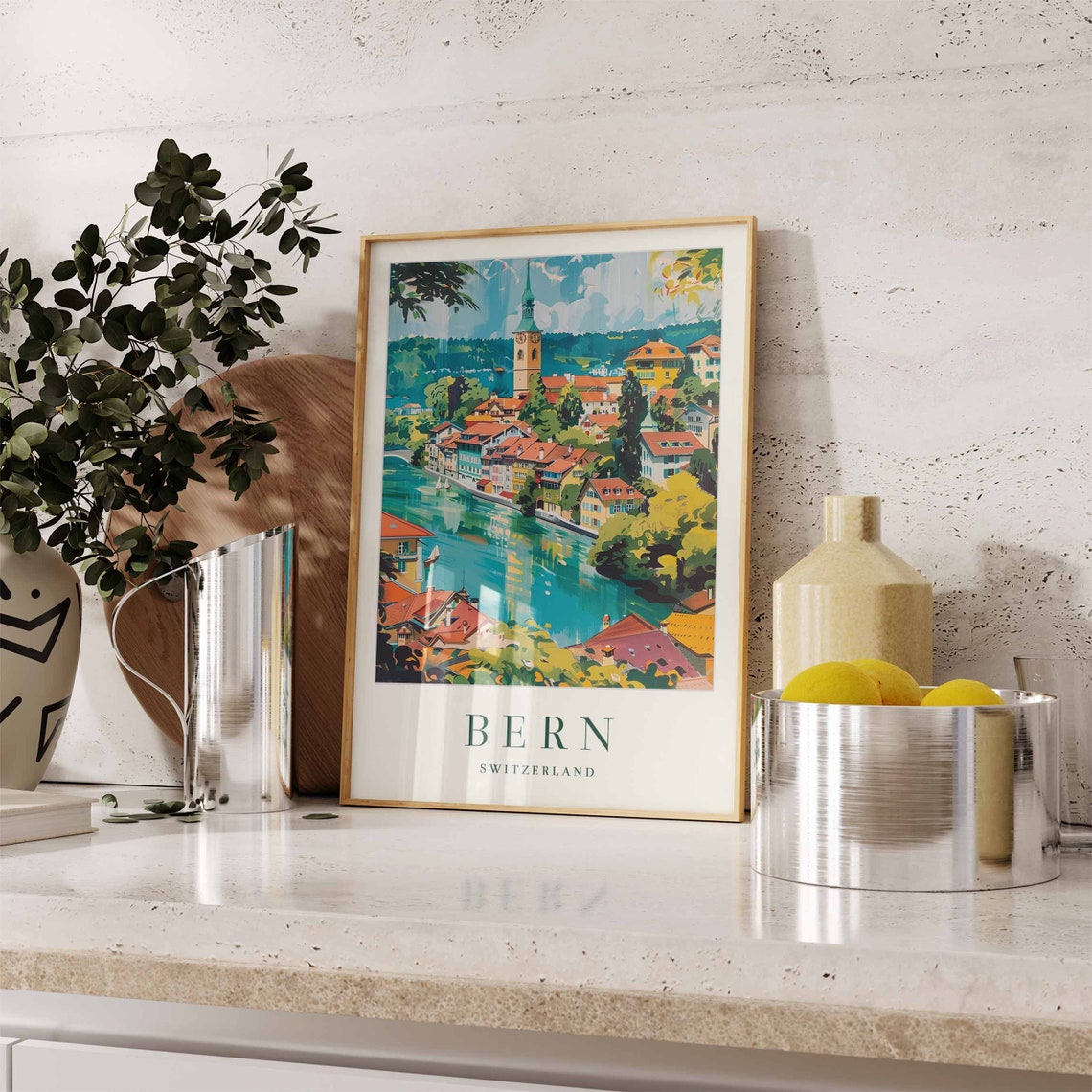 Bern Switzerland Travel Poster Old Town River Bend And Clock Tower - Image 3