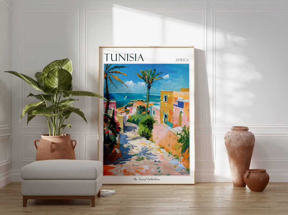 Tunisia Africa Sunlit Coastal Alley Palms Sailboats View Poster - Image 2
