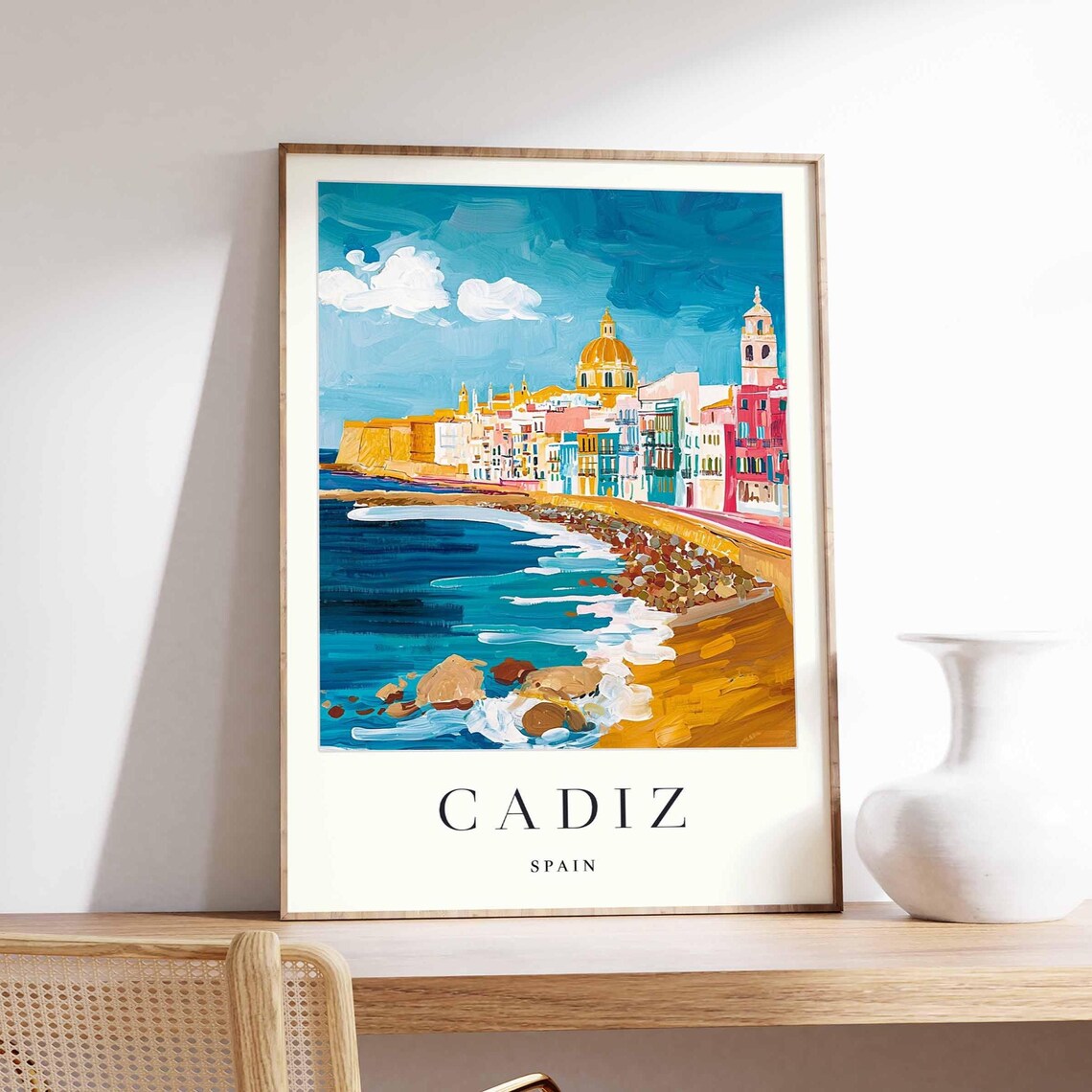 Cadiz Spain Golden Dome Seafront Colorful Houses Rocky Shore Poster