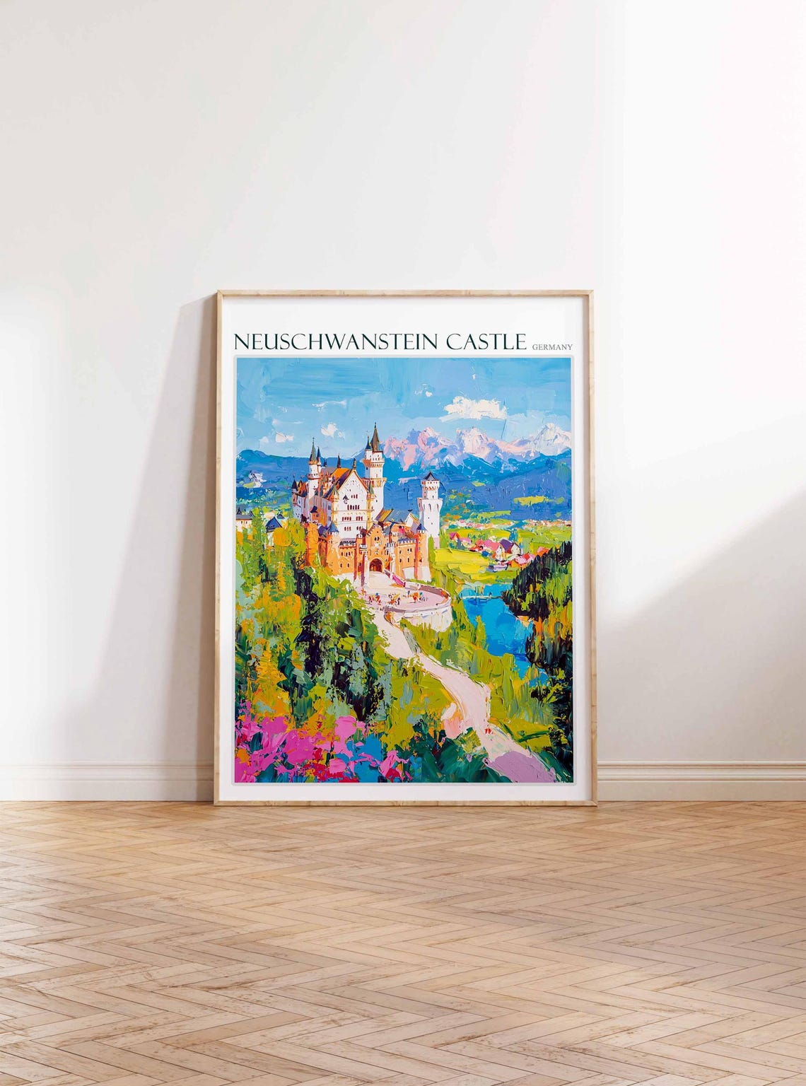 Neuschwanstein Castle Pink Flowers Mountains Oil Painting Poster - Image 2
