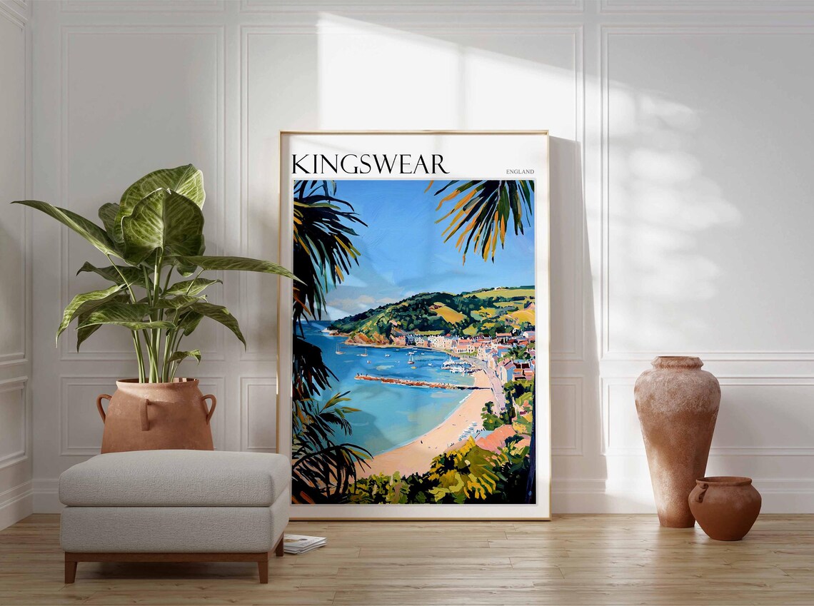 Kingswear England Bay Beach Palm Fronds Framed Coastal Art Poster - Image 3