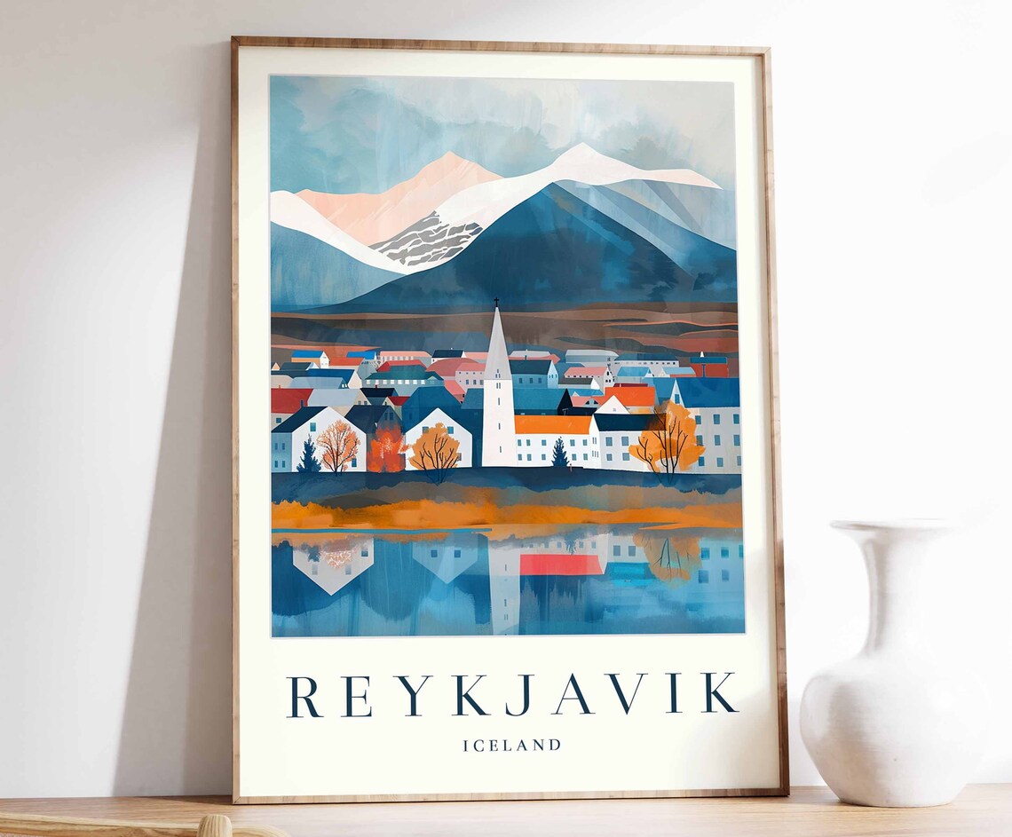 Reykjavik Iceland Colorful Houses With Snowy Mountains Travel Poster