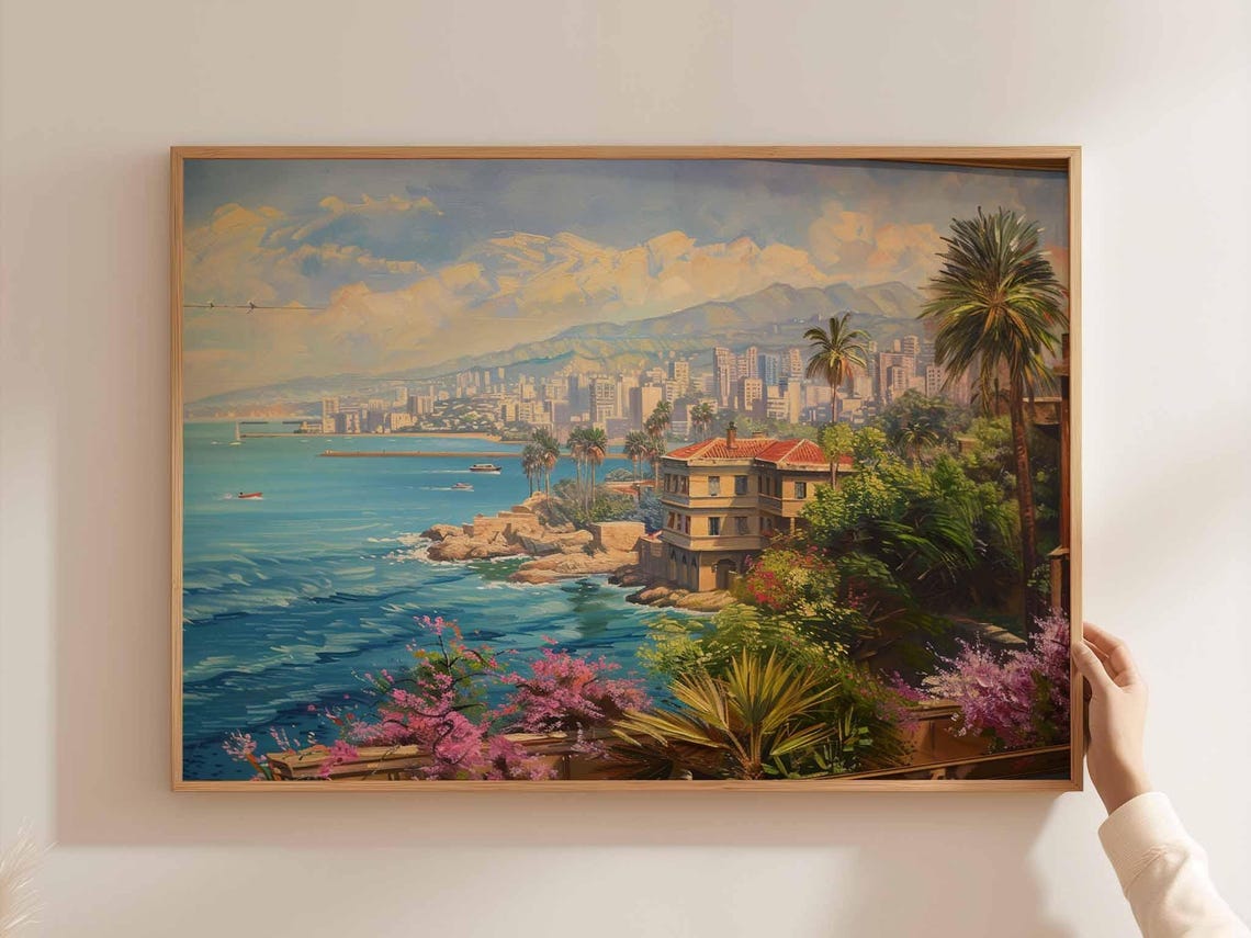 Mediterranean Villa Coast Palm Trees Mountains City View Poster