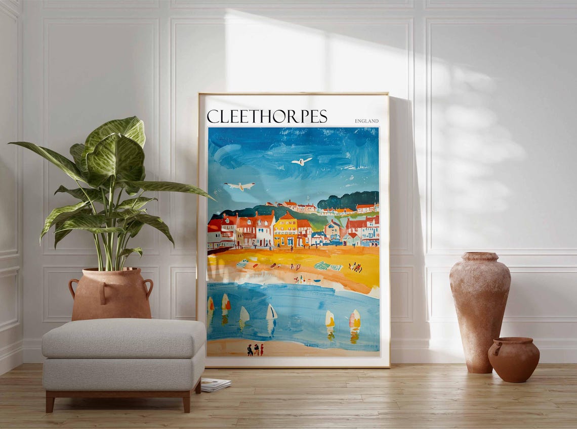 Cleethorpes England Colorful Row Houses Sailboats Gulls Travel Poster - Image 3