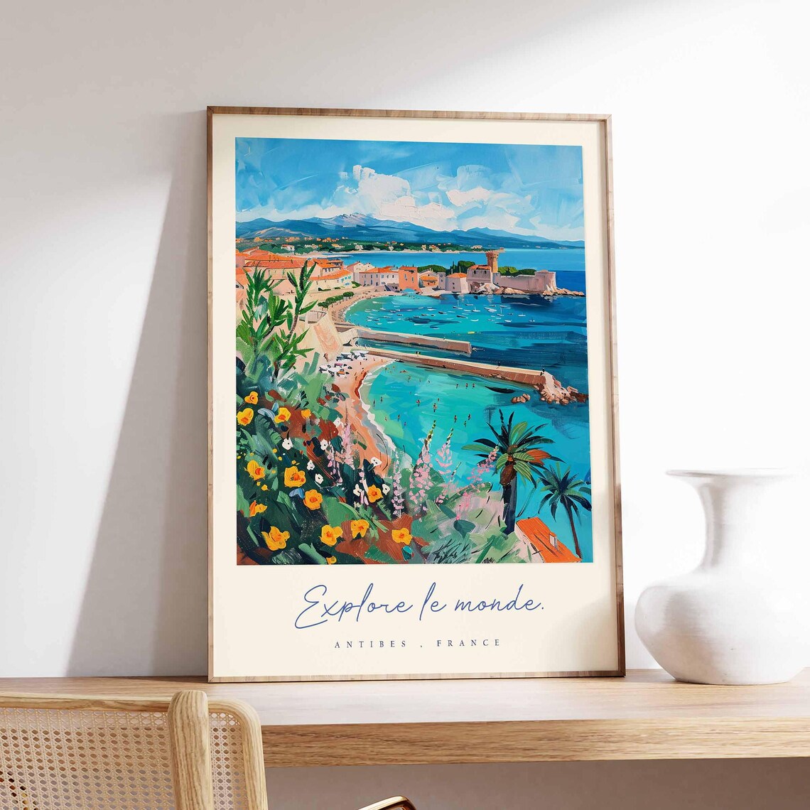 Antibes France Harbour View Wildflower Coastline Travel Art Poster