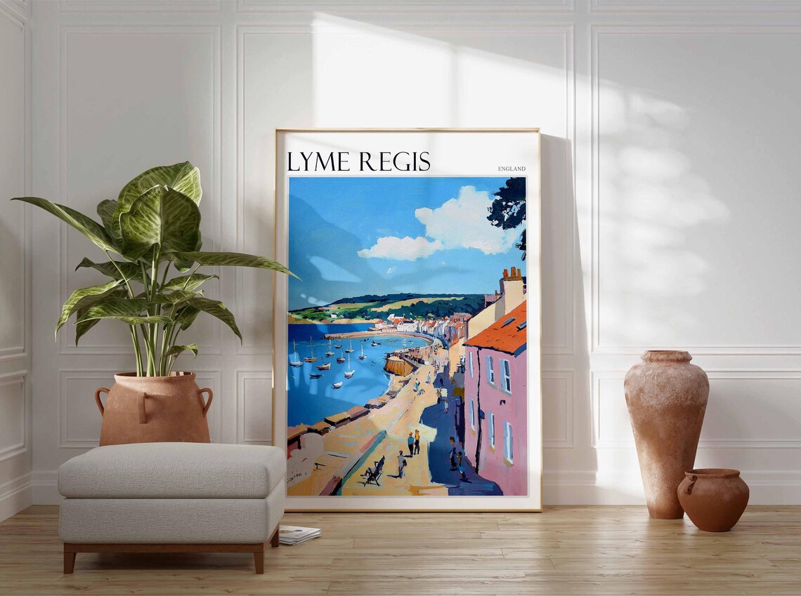 Lyme Regis England Beach View Sailboats Fishing Harbor Town Art Poster - Image 3