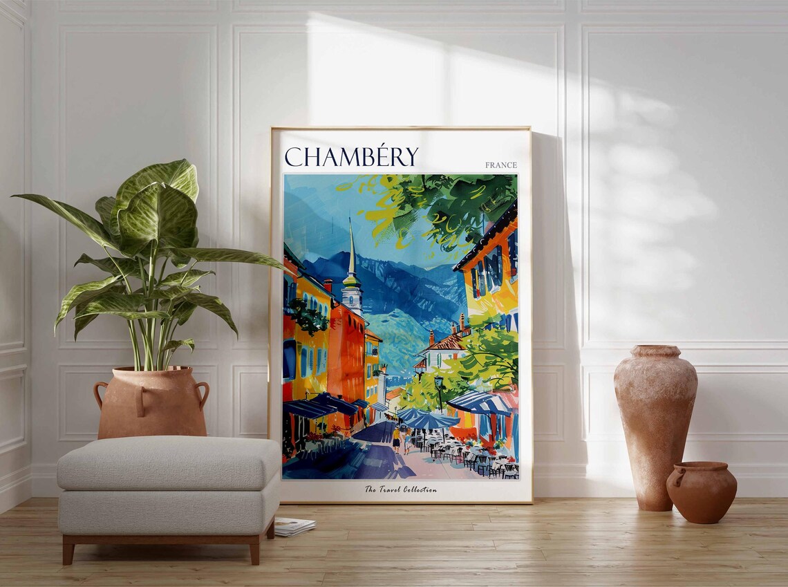 Chambery France Cafe Street Church Spire Alps Painted Travel Poster - Image 3