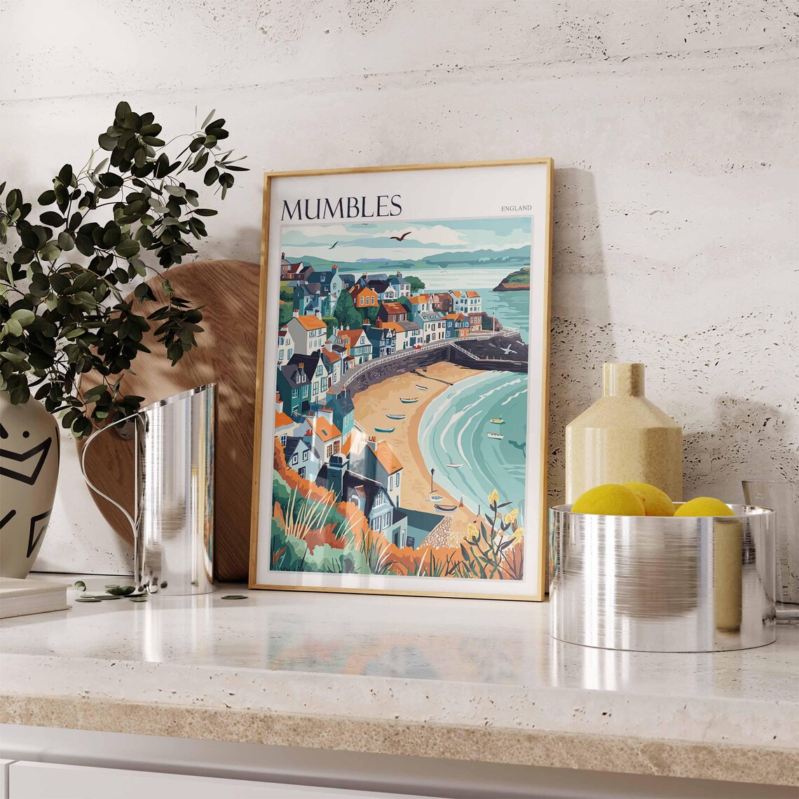 Mumbles Colorful Harbor Town Bay Boats England Travel Poster - Image 2