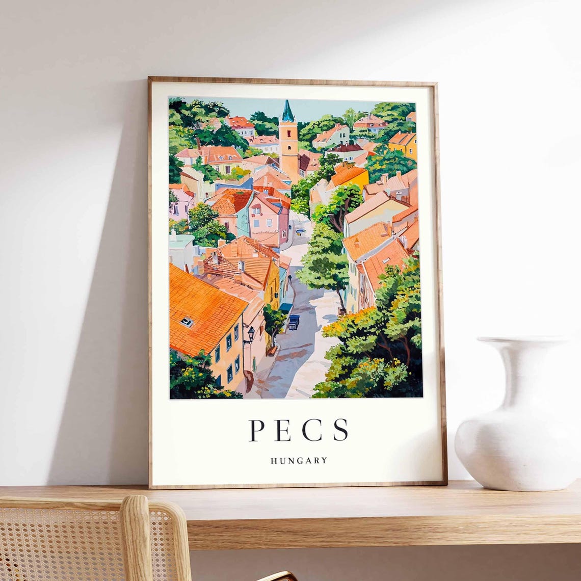 Pecs Hungary Winding Street Tall Church Tower Trees View Poster