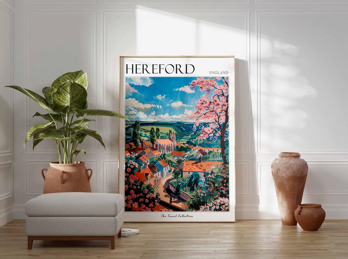 Hereford England Travel Poster Village in Bloom Cherry Blossom View - Image 2