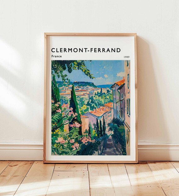 Clermont-Ferrand France 1989 Cypress Hillside Watercolor Travel Poster