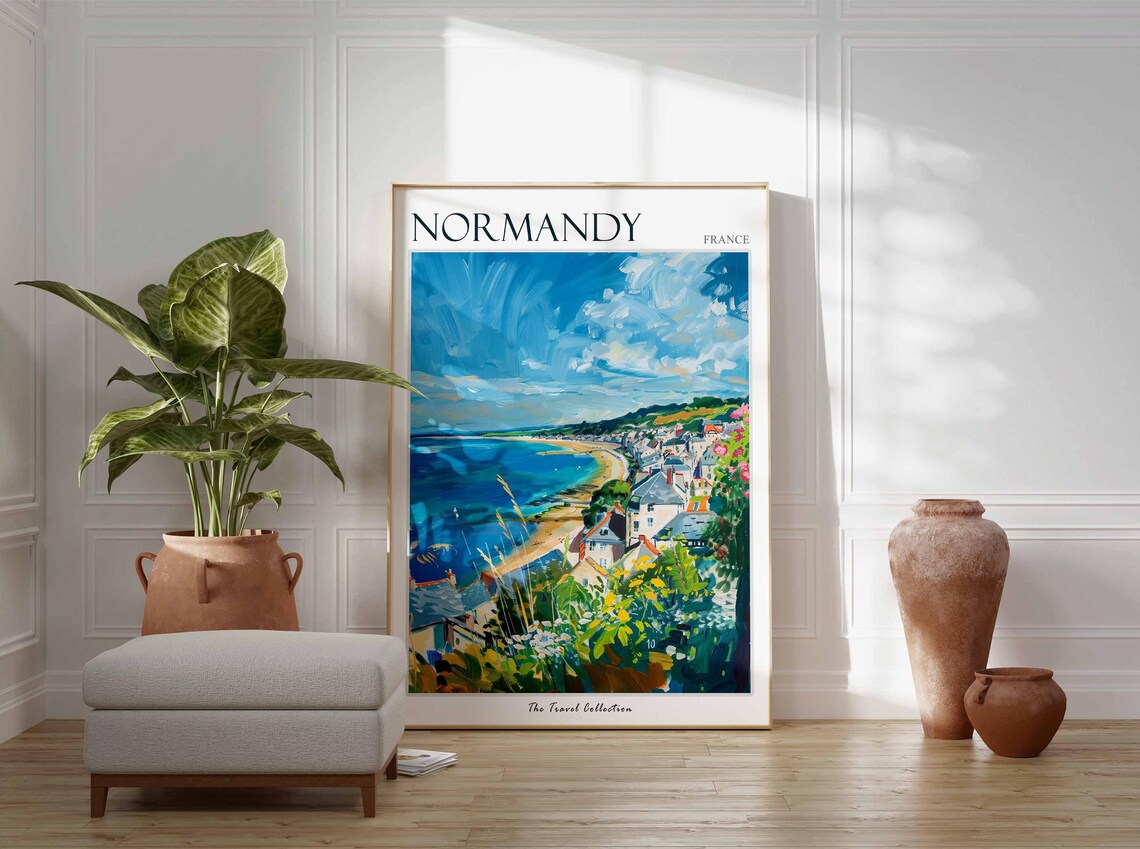 Normandy France Curved Beach Coastal Town Painting Travel Poster - Image 3