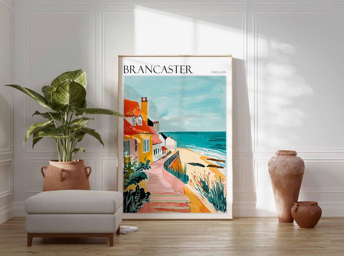 Brancaster England Pastel Cottages and Steps Down to the Beach Poster - Image 3