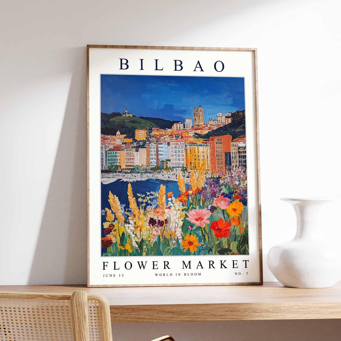 Bilbao Flower Market Night Harbor City Lights Wheat Bloom Poster