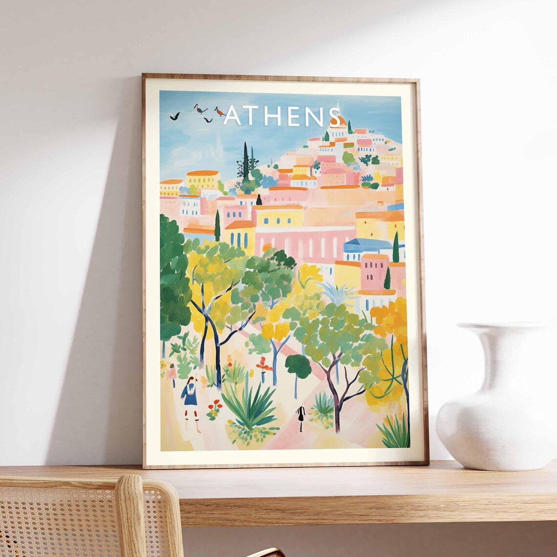 Athens Sunlit Hillside Gardens Pastel Art Greece Travel Poster