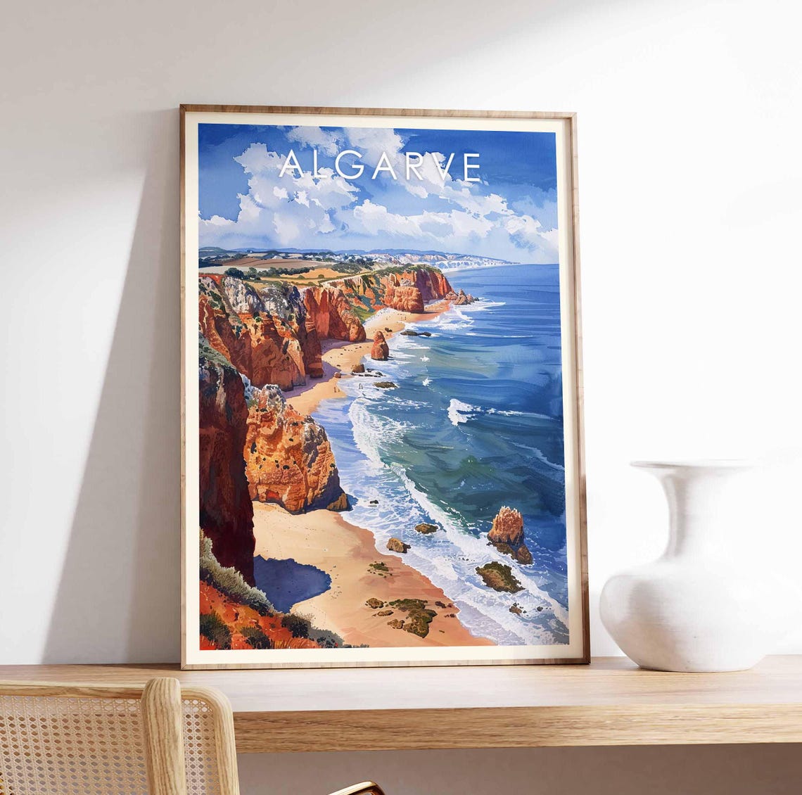 Algarve Red Cliffs Blue Ocean Beach Coast Watercolor Travel Poster