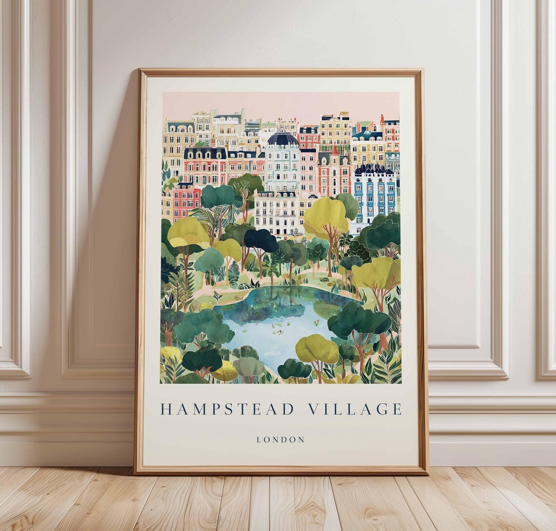 Hampstead Village London Pond Colorful Historic Travel Art Poster