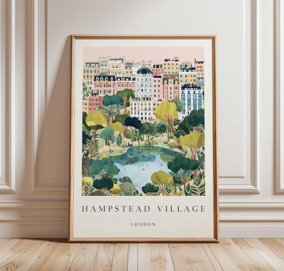 Hampstead Village London Pond Colorful Historic Travel Art Poster