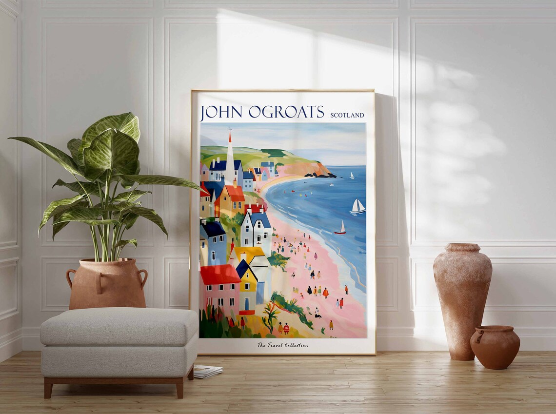 John Ogroats Scotland Pink Beach Village and Church Spire Poster - Image 3