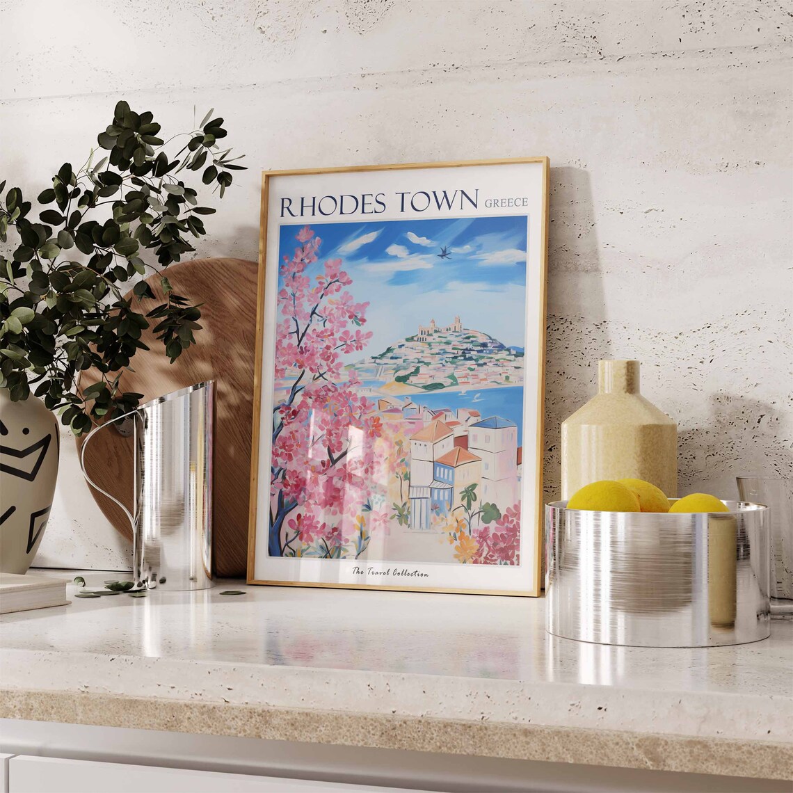 Rhodes Town Greece Pink Blossom Harbor Hilltop Painting Travel Poster - Image 2