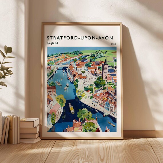 Stratford Upon Avon England 1989 River Town Vintage Travel Poster