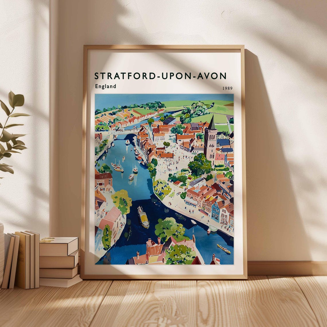 Stratford Upon Avon England 1989 River Town Vintage Travel Poster
