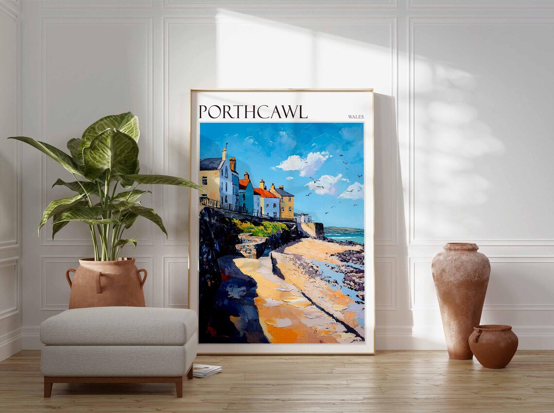 Porthcawl Wales Cliff Path Cottages Scene Vintage Travel Poster - Image 4