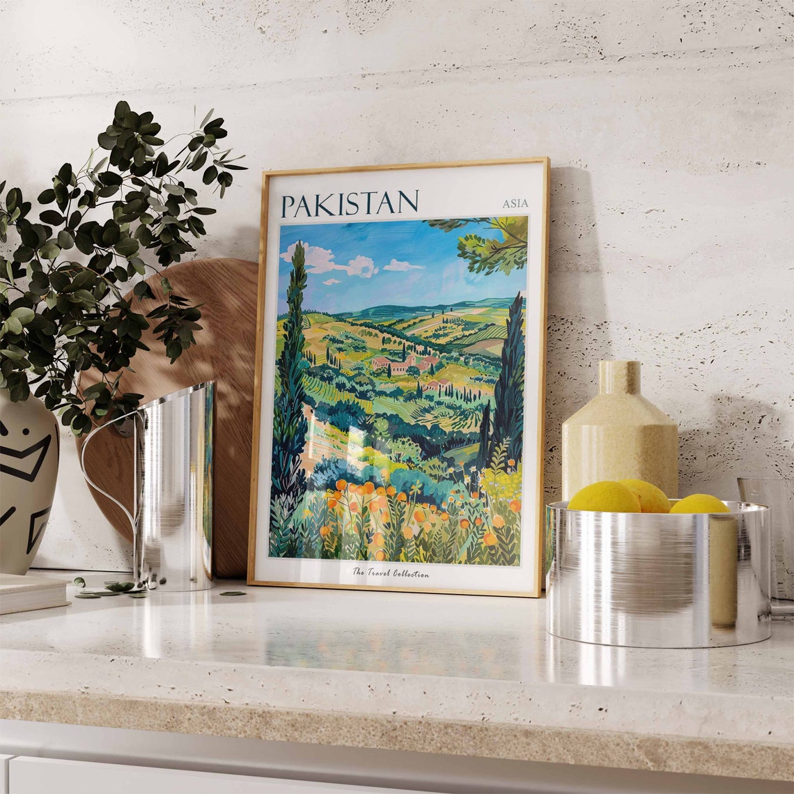 Pakistan Asia Green Valley and Cypress Tree Wildflower Art Poster - Image 3