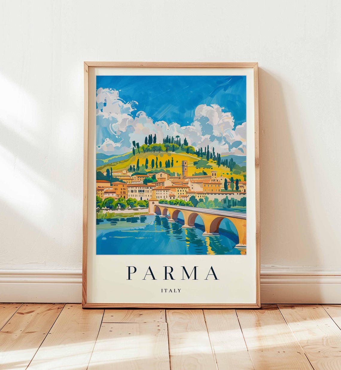 Parma Italy Scenic Arched Bridge over River and Old Town Poster