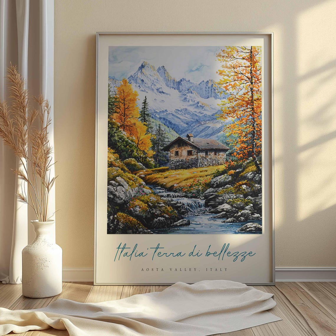 Aosta Valley Stone Cabin Waterfall Autumn Snow Peak Scenic Poster - Image 2